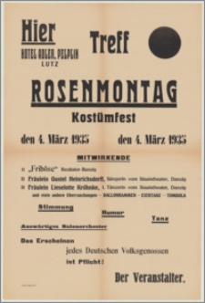 [Afisz] : [Inc.:] Hier Hotel Adler Pelplin, Lutz Treff Rosenmontag Kostümfest den 4. März 1935. [...] Stimmung, Humor, Tanz [...]