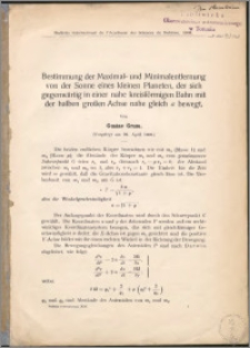 Bestimmung der Maximal- und Minimalentfernung von der Sonne eines kleinen Planeten, der sich gegenwärtig in einer nahe kreisförmigen Bahn mit der halben großen Achse nahe gleich "a" bewegt