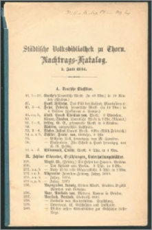 Katalog der Städtischen Volksbibliothek zu Thorn - September 1883]. Nachtrags-Katalog 1. Juni 1884