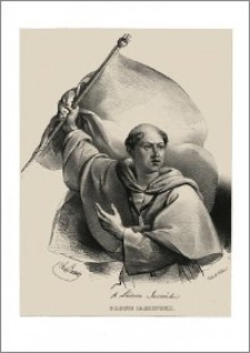 P. Louis Jasienski (portret po pas w habicie ze sztandarem w prawej ręce, z facsimile podpisu)