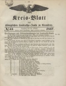 Kreis Blatt des Königlichen Landraths-Amts zu Graudenz 1867.10.25 nr 43