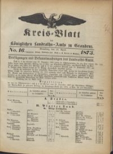 Kreis Blatt des Königlichen Landraths-Amts zu Graudenz 1873.04.18 nr 16