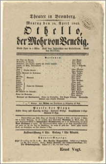 [Afisz:] Othello, der Mohr von Venedig. Grosse Oper in drei Akten nach dem Italienischen von Chr. Grünbaum