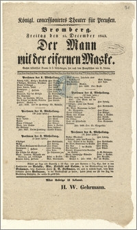 [Afisz:] Der Mann mit der eisernen Maske. Großes historisches Drama in 5 Abtheilungen