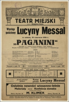 [Afisz:] Paganini. Operetka w 3 aktach Pawła Kneplera i Belli Jenbacha