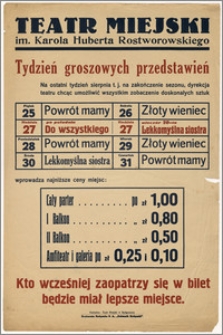 [Afisz:] Tydzień groszowych przedstawień. 25-31 sierpnia 1939 r.