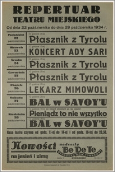 [Afisz:] Repertuar Teatru Miejskiego. Od dnia 22 października do dnia 29 października 1934 r.