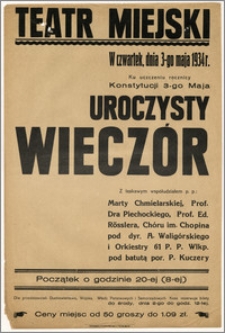 [Afisz:] Uroczysty wieczór. Ku uczczeniu rocznicy Konstytucji 3-go Maja