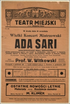 [Afisz:] Ada Sari. Wielki Koncert Mistrzowski