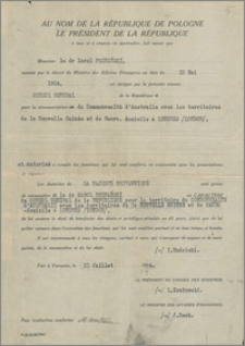 Odpis oficjalnego listu komisyjnego mianującego Karola Poznańskiego – Konsulem Generalnym RP na obszarze Commonwealth Australii, Nowej Gwinei i Nauru z siedzibą w Londynie, Warszawa, 21 lipca 1934 r.