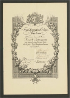 Dyplom nadania Karolowi Poznańskiemu – Konsulowi Generalnemu RP w Paryżu Krzyża Komandorskiego łotewskiego orderu „Trzech Gwiazd"