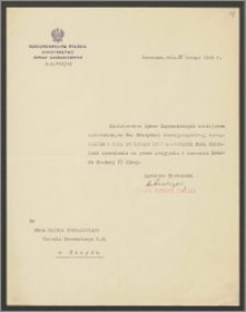 Pismo Ministerstwa Spraw Zagranicznych do Karola Poznańskiego – Konsula Generalnego RP w Paryżu, zezwalające na przyjęcie i noszenie Orderu Św. Sawy II klasy