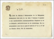 Zaproszenie (nr 499) wystosowane przez Szefa Biura Informacyjnego Delegacji Finlandii na „kinematograficzny pokaz” dotyczący życia w Finlandii w Teatrze Orfeo, w dn. 27 kwietnia 1922 r.