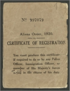 Certificate of Regiotratis / Aliens Order - legitymacja meldunkowa obcokrajowców w Wielkiej Brytanii. Legitymacja na nazwisko Wandy Poznańskiej.