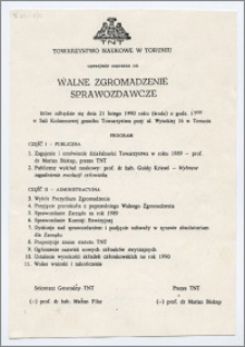 [Zaproszenie. Incipit] Towarzystwo Naukowe w Toruniu uprzejmie zaprasza na Walne Zgromadzenie Sprawozdawcze ... 21 lutego 1990 roku