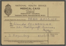 Medical Card - karta medyczna wydana przez Krajową Służbę Zdrowia w Londynie na nazwisko Wandy Poznańskiej dn. 5 lipca 1948 roku