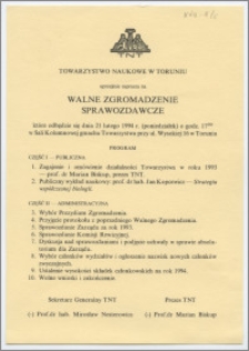 [Zaproszenie. Incipit] Towarzystwo Naukowe w Toruniu uprzejmie zaprasza na Walne Zgromadzenie Sprawozdawcze ...dnia 21 lutego 1994 r.