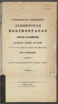 Universitati Literarum Albertinae Regimontanae sacra secularia postquam condita est tertia per dies XXVI.-XXXI. mens. Augusti Anni MDCCCXLIV. rite celebranti gratulantur [...]