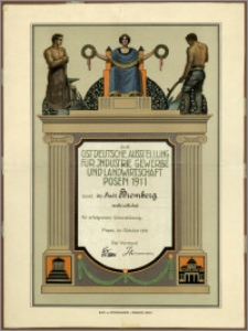 [Dyplom] : [Inc.:] Die ostdeutsche Ausstellung für Industrie, Gewerbe und Landwirtschaft Posen 1911 dankt der Stadt Bromberg verbindlichst für erfolgreiche Unterstützung