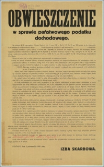 Obwieszczenie w sprawie państwowego podatku dochodowego : Poznań, dnia 5 października 1926 roku