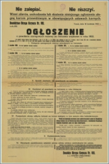 Ogłoszenie o powołaniu szeregowych rezerwy na ćwiczenia wojskowe w 1932 r. : Toruń, 18 kwietnia 1932 r.