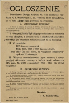 Ogłoszenie : [Inc.:] Dowództwo Okręgu Korpusu Nr 1 na podstawie rozkazu M. S. Wojskowych L. dz. 1465/ org. III - 29 (...), Mława, dnia 19. kwietnia 1929 r.