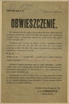 Obwieszczenie : [Inc.:] [...] Dodatkowy raport kontrolny dla oficerów rezerwy i pospolitego ruszenia [...], Toruń, dnia 4 września 1925 r. [...] P. K. U. Bydgoszcz ul. gen. Bema [...]