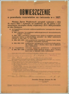 Obwieszczenie : o powołaniu rezerwistów na ćwiczenia w 1927 r. [...] zgłosić się do dnia 11. i 12 sierpnia w P. K. U. Bydgoszcz, ul. Bema [...]