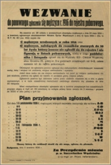 [Obwieszczenie] : Wezwanie do ponownego zgłoszenia się mężczyzn r. 1916 do rejestru poborowego [...]. Bydgoszcz, dnia 11 września 1936 r.