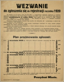 [Obwieszczenie] : Wezwanie do zgłoszenia się do rejestracji rocznika 1920 [...] od 1 września do 30 września 1938