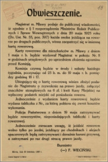 Obwieszczenie, dotyczące uzyskania karty rowerowej, umożliwiającej poruszanie się po drogach publicznych miasta Mławy : Mława, dnia 20 kwietnia 1928 r.
