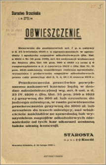 Obwieszczenie : na temat ograniczania i spożywania napojów alkoholowych w dniach 2, 3, 4, 10 i 11 marca 1928 r., Brzeziny Łódzkie, dn. 28 lutego 1928 r.