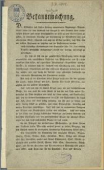 [Obwieszczenie] : [Inc.:] Bekanntmachung der Kgl. Regierung v. Westpreussen betr. freiwillige Sammlungen für die russisch-preuss Belagerungs-Korps vor Danzig. 1813