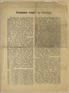 Krwawe rządy w Austryi. [Inc.:] Wysłany w świat ten krzyk rozpaczy posła i patryoty serbskiego, wypowiedziany na posiedzeniu Rady Państwa z dnia 9 października 1917 niech idzie i głosi hańbę tej tchórzowskiej armii austryackiej [...]