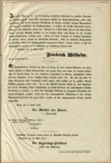 [Obwieszczenie. Incipit] Ich erkläre Mich mit der, auf Veranlassung verschiedener Petitionen der deutschen Bewohner des Grossherzogthum Posen Mir [...]. Potsdam, den 14. April 1848