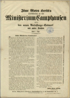 Isaac Moses Hersch's Sendschreiben an das Ministerium Camphausen über den neuen Verfassungs - Entworf und andre Sachen : Berlin, im Mai 1848