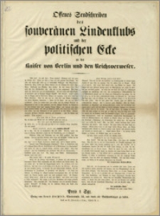 Offenes Sendschreiben des souveränen Lindenklubs und der politischen Ecke an den Kaiser von Berlin und den Reichsverweser