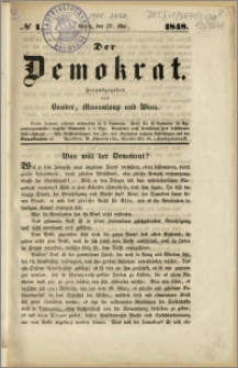 Der Demokrat. Herausgegeben von Vaader, Massaloup und Wiss, No 1, 22. Mai. 1848