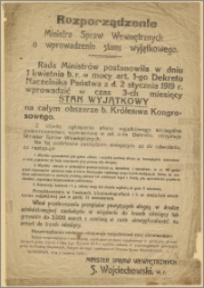 Rozporządzenie Ministra Spraw Wewnętrznych o wprowadzeniu stanu wyjątkowego na obszarze b. Królestwa Kongresowego