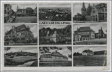 Lauenburg i. Pom. : Markt, Blick in die Koppelstraße : Gesamtansicht : Rathaus mit Stadtsparkasse und Ratskeller : Postamt : Schwanenteich mit Ehrenmal : Paradebrücke mit Reichsbank : Blick auf die Wilhelmshöhe : Hochschule für Lehrbildung : Jahnplatz