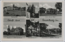 Grusß saus Lauenburg i. Pom. : Marktplatz : Efeuturm : Horst-Wessel-Platz : Rathaus u. Städt. Sparkasse : Bismarckturm : Schwanenteich m. Gefallenene-Ehrenmal