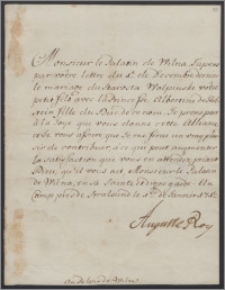 August II król polski do wojewody wileńskiego [Kazimierza Jana Sapiehy]. Gratuluje wojewodzie z okazji małżeństwa jego wnuka [Kazimierza] starosty wołpińskiego z ks. Albertyną de Holstein