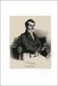 S. Wolowski (portret po pas na fotelu, we fraku, z facsimile podpisu)