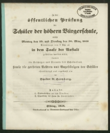 Zu der öffentlichen Prüfung der Schüler der höhern Bürgerschule, welche Montag den 29. und Dienstag den 30. März 1858