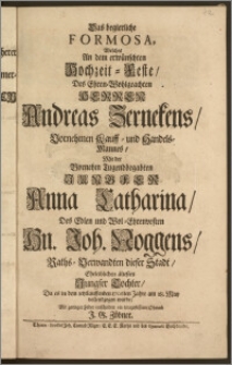 Das begierliche Formosa, Welches An dem erwünschten Hochzeit-Feste, Des ... Herren Andreas Zernekens, Vornehmen Kauff- und Handels-Mannes, Mit der ... Jungfer Anna Catharina, Des ... Hn. Joh. Noggens, Raths-Verwandten dieser Stadt ... ältesten Jungfer Tochter, Da es in dem ... 1706ten Jahre am 18. May vollendzogen wurde / Mit geringer Feder entschildert ein treugeflissener Oheimb J. G. Zöbner