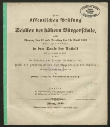 Zu der öffentlichen Prüfung der Schüler der höhern Bürgerschule, welche Montag den 11. und Dienstag den 12. April 1859