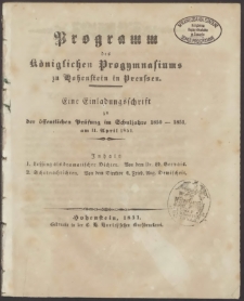 Programm des Königlichen Progymnasiums zu Hohenstein in Preussen. Eine Einladungsschrift zu der öffentlichen Prüfung im Schuljahre 1850-1851, am11. April 1851