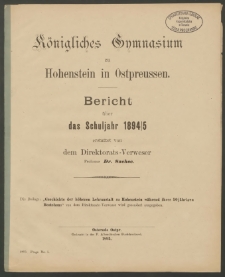 Königliches Gymnasium zu Hohenstein in Ostpreussen. Bericht über das Schuljahr 1894/5