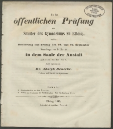 Zu der öffentlichen Prüfung der Schüler des Gymnasiums in Elbing, welche Donnerstag und Freitag den 28. und 29. September