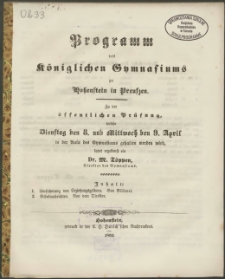Programm des Königlichen Gymnasiums zu Hohenstein in Preußen. Zu der öffentlichen Prüfung, welche Dienstag den 8. und Mittwoch den 9. April